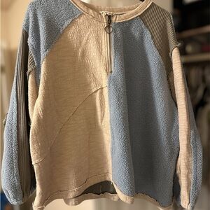 POL Cream and Blue Crew Neck Sweater Asymmetrical Design